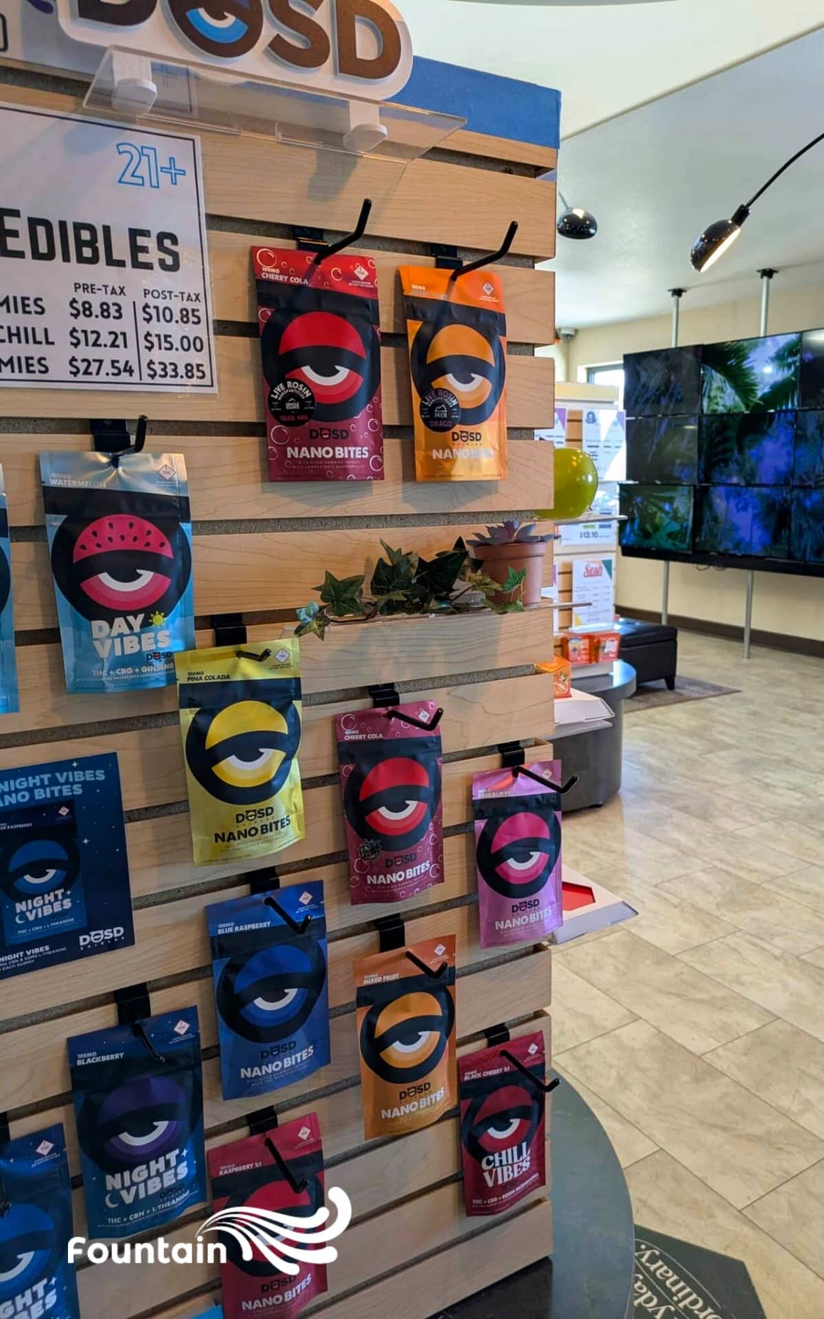 Fountain dispensary shelf displaying edibles and Nano Bites cannabis products, Colorado Springs.