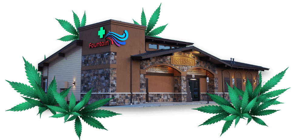 Fountain Dispensary exterior in Colorado Springs, cannabis leaf accents, affordable dispensary location.